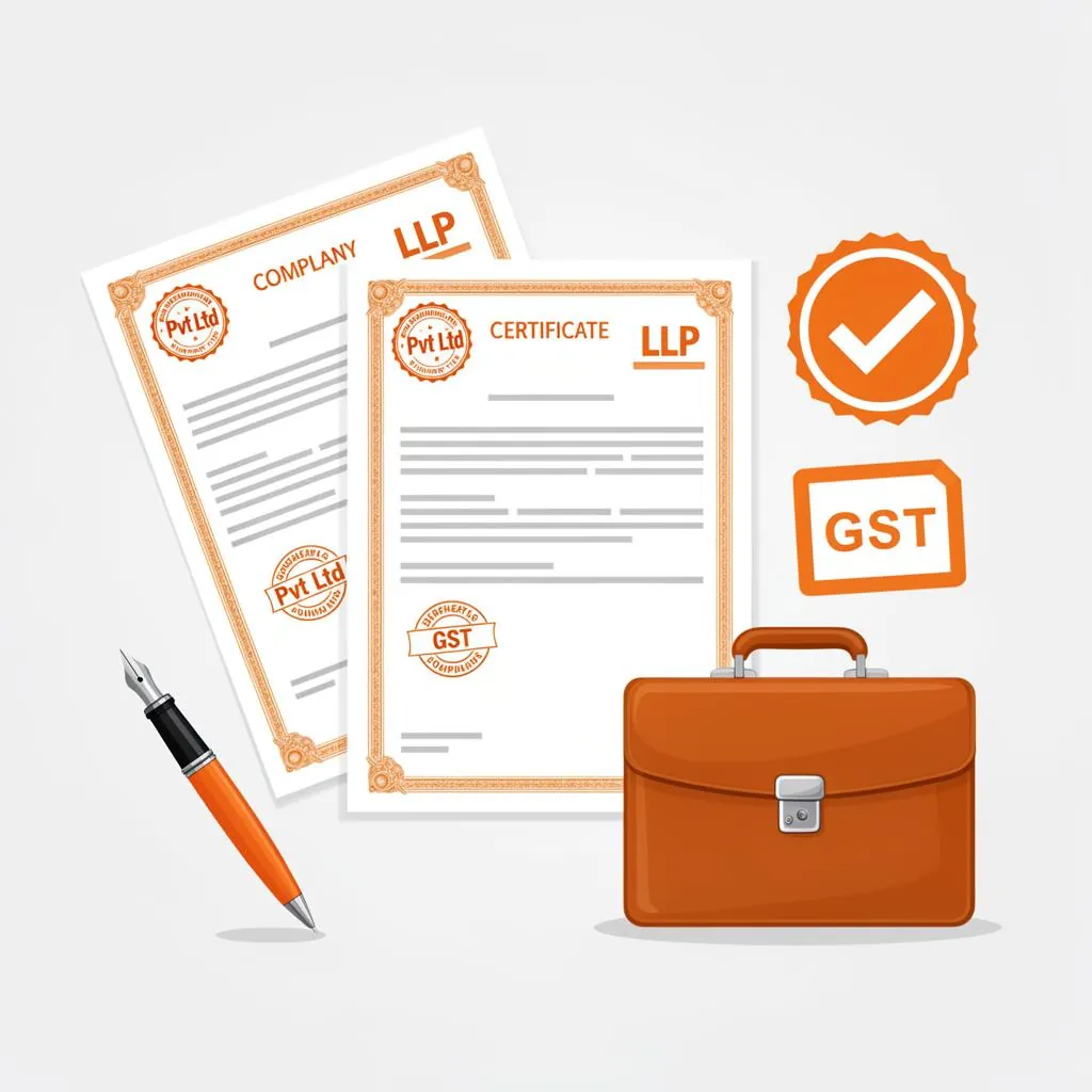 Company and LLP registration certificates with a GST tag, a pen and a briefcase