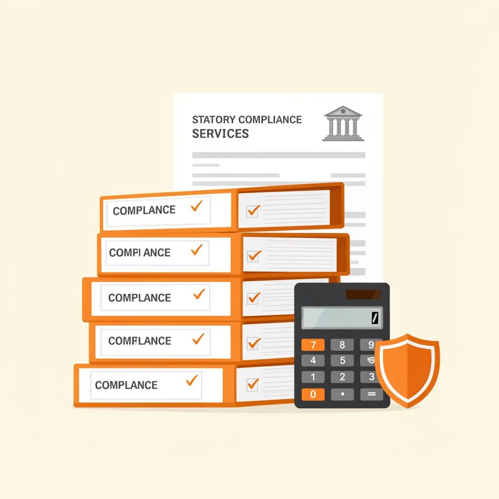 A statutory compliance checklist with ticked items, a calculator and a shield
