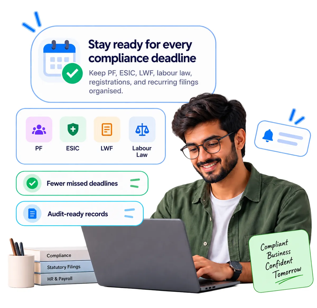 A professional at a laptop with reminders for PF, ESIC, LWF and labour-law deadlines and audit-ready records