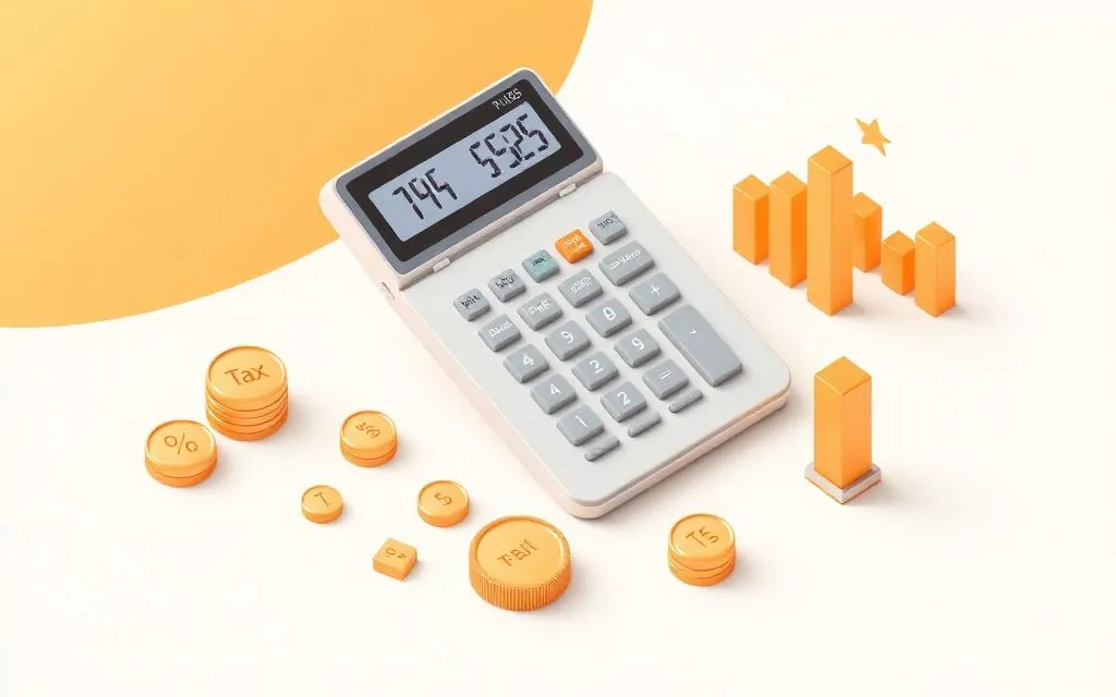 Calculator with stacks of coins and a rising bar chart, representing salary and tax computation