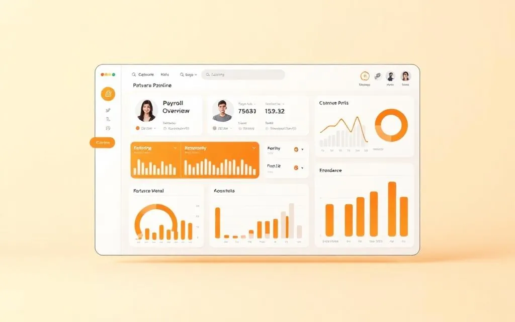 HR software dashboard showing a profile overview, attendance and analytics charts