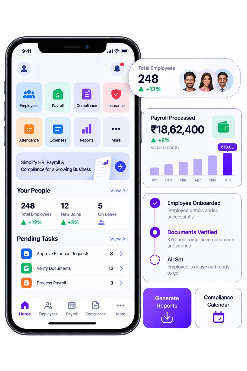 Mobile HRMS app screens with employee self-service, pending tasks and a payroll summary