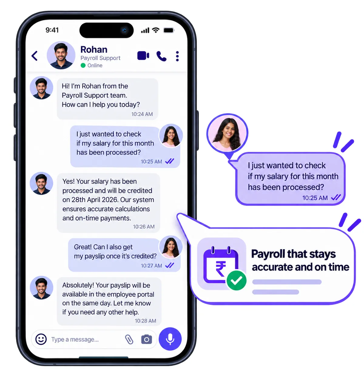 Phone showing an employee asking the payroll support team about salary credit, with a reply confirming the pay date