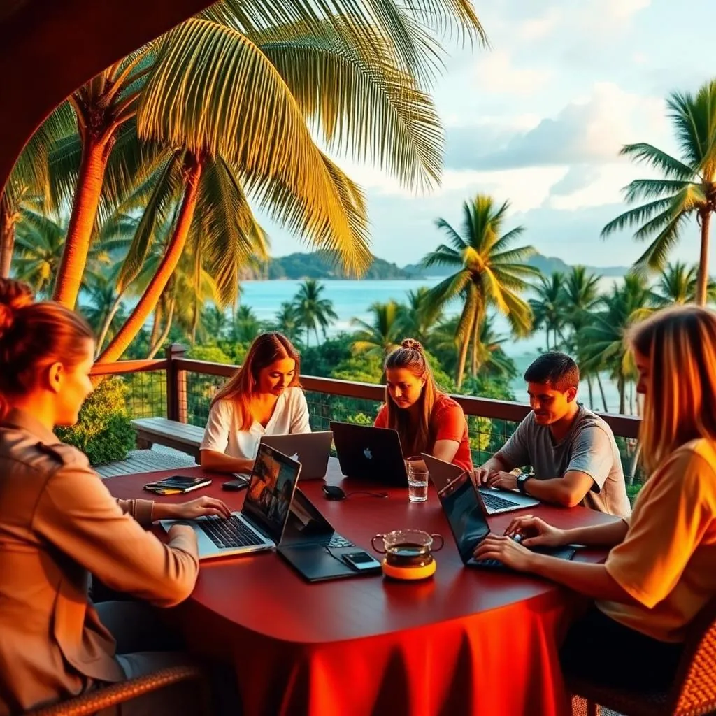 A team working on laptops around an outdoor table at a tropical workation venue